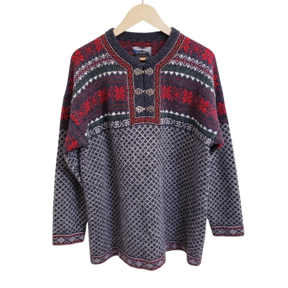 Squaw Valley Wool Nordic Fairisle Patterned Sweater Ornate Metal Clasps Sz L - Picture 9 of 10